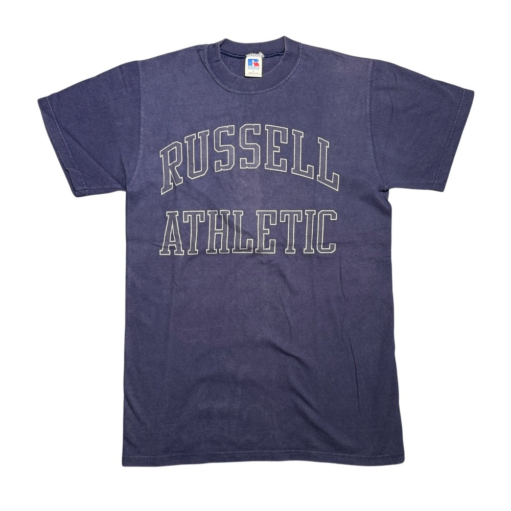 Vintage Russell Athletic Navy Blue Spellout Graphic T-Shirt Made in USA Small